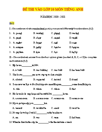 10 Đề thi thử vào Lớp 10 THPT môn Tiếng Anh - Năm học 2020-2021 (Có đáp án)
