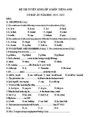 30 Đề thi thử vào Lớp 10 THPT môn Tiếng Anh - Năm học 2021-2022 (Có đáp án)