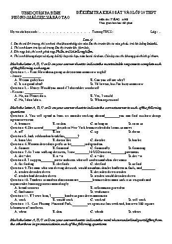 Đề kiểm tra khảo sát vào Lớp 10 THPT môn Tiếng Anh - Phòng GD và ĐT Ba Đình (Có đáp án)