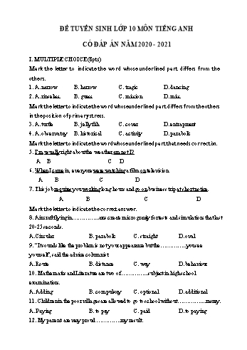 Đề luyện thi vào Lớp 10 THPT môn Tiếng Anh - Đề 2 - Năm học 2020-2021 (Có đáp án)