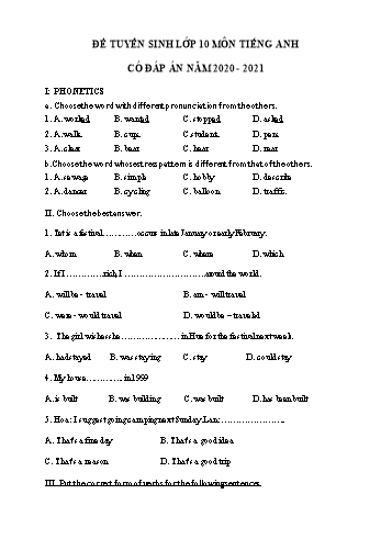 Đề luyện thi vào Lớp 10 THPT môn Tiếng Anh - Đề 3 - Năm học 2020-2021 (Có đáp án)