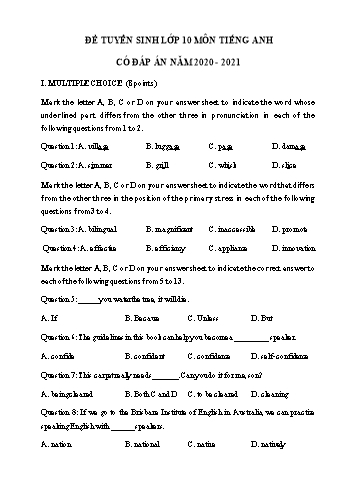 Đề luyện thi vào Lớp 10 THPT môn Tiếng Anh - Đề 5 - Năm học 2020-2021 (Có đáp án)