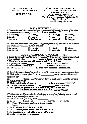 Đề thi khảo sát các môn thi vào Lớp 10 THPT môn Tiếng Anh - Năm học 2023-2024 - Trường THPT chuyên Lam Sơn (Có đáp án)