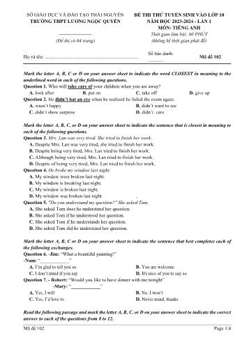 Đề thi thử tuyển sinh vào Lớp 10 THPT lần 1 môn Tiếng Anh - Mã đề 102 - Năm học 2023-2024 - Trường THPT Lương Ngọc Quyến (Kèm đáp án)