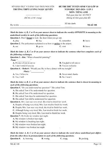 Đề thi thử tuyển sinh vào Lớp 10 THPT lần 1 môn Tiếng Anh - Mã đề 108 - Năm học 2023-2024 - Trường THPT Lương Ngọc Quyến (Kèm đáp án)