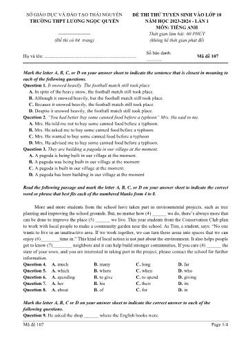 Đề thi thử tuyển sinh vào Lớp 10 THPT lần 1 môn Tiếng Anh - Mã đề 107 - Năm học 2023-2024 - Trường THPT Lương Ngọc Quyến (Kèm đáp án)