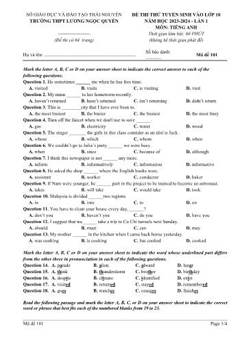 Đề thi thử tuyển sinh vào Lớp 10 THPT lần 1 môn Tiếng Anh - Mã đề 101 - Năm học 2023-2024 - Trường THPT Lương Ngọc Quyến (Kèm đáp án)