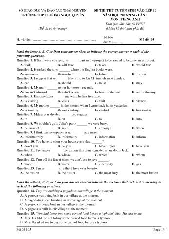 Đề thi thử tuyển sinh vào Lớp 10 THPT lần 1 môn Tiếng Anh - Mã đề 105 - Năm học 2023-2024 - Trường THPT Lương Ngọc Quyến (Kèm đáp án)