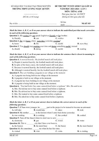 Đề thi thử tuyển sinh vào Lớp 10 THPT lần 1 môn Tiếng Anh - Mã đề 103 - Năm học 2023-2024 - Trường THPT Lương Ngọc Quyến (Kèm đáp án)