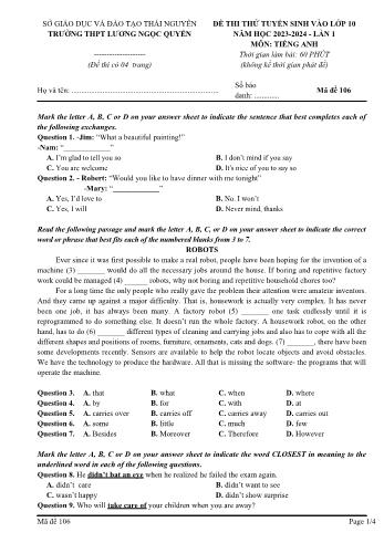 Đề thi thử tuyển sinh vào Lớp 10 THPT lần 1 môn Tiếng Anh - Mã đề 106 - Năm học 2023-2024 - Trường THPT Lương Ngọc Quyến (Kèm đáp án)