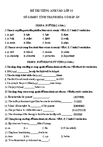 Đề thi thử vào Lớp 10 THPT môn Tiếng Anh - Đề số 3 - Sở GD và ĐT Thanh Hóa (Có đáp án)