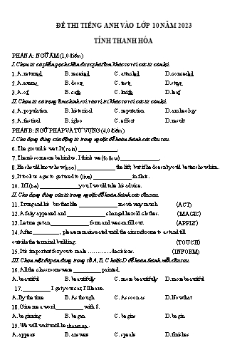 Đề thi thử vào Lớp 10 THPT môn Tiếng Anh năm 2023 - Đề số 2 - Sở GD và ĐT Thanh Hóa