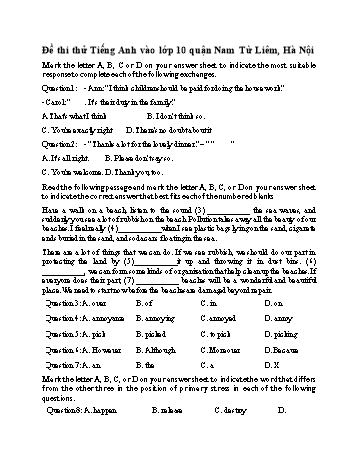 Đề thi thử vào Lớp 10 THPT môn Tiếng Anh - Phòng GD và ĐT Nam Từ Liêm (Có đáp án)