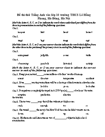 Đề thi thử vào Lớp 10 THPT môn Tiếng Anh - Trường THCS Lê Hồng Phong (Có đáp án)