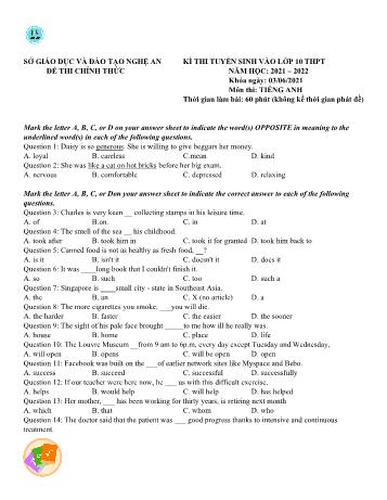 Đề thi tuyển sinh vào Lớp 10 THPT môn Tiếng Anh - Năm học 2021-2022 - Sở GD và ĐT Nghệ An (Có đáp án)