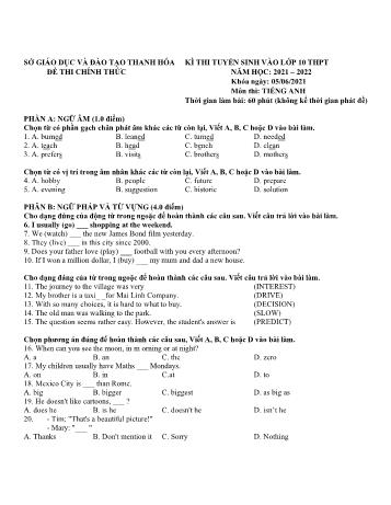 Đề thi tuyển sinh vào Lớp 10 THPT môn Tiếng Anh - Năm học 2021-2022 - Sở GD và ĐT Thanh Hóa (Có đáp án)