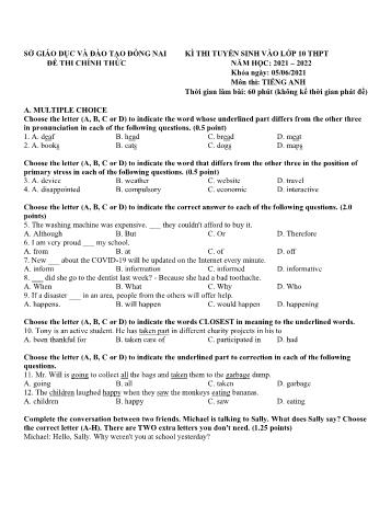Đề thi tuyển sinh vào Lớp 10 THPT môn Tiếng Anh - Năm học 2021-2022 - Sở GD và ĐT Đồng Nai (Có đáp án)
