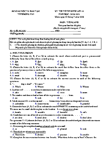 Đề tuyển sinh vào Lớp 10 THPT môn Tiếng Anh - Năm học 2020-2021 - Sở GD và ĐT Đồng Nai (Có đáp án)