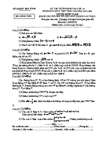 Đề thi tuyển sinh vào Lớp 10 THPT môn Toán (Lớp chất lượng cao) - Năm học 2022-2023 - Sở GD và ĐT Hòa Bình (Có đáp án)